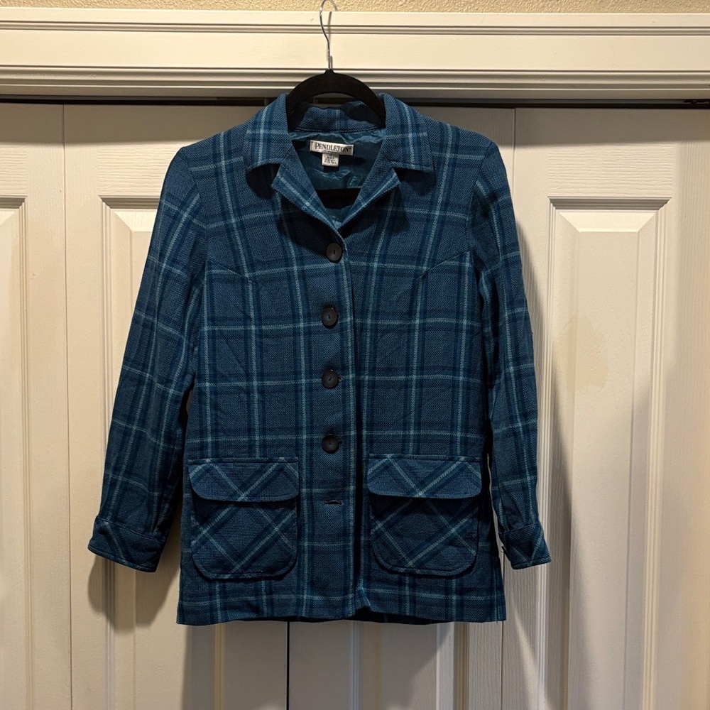 Pendleton Teal Plaid Wool Blazer Jacket - image 1